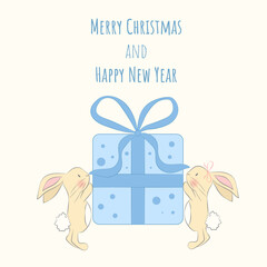 Christmas Greeting Card with Cute Bunnies Holding a Gift 