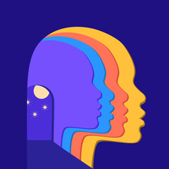 Liminal spaces from human head silhouettes. Rainbow faces on way to the depths of starry sky. Concept of mental health, selfcare, self development. The path to the secrets of psyche and consciousness.