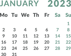 Calendar 2023. Month january.