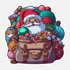 Christmas santa's bag cartoon sticker, xmas bag full of toys printable stickers sheet. Multicolor