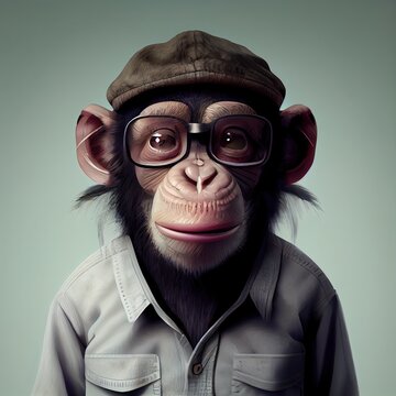 Nerd monkey in a hat and glasses as a dad. Monkey portrait on isolated background