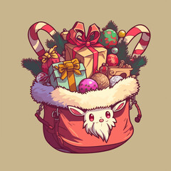Christmas santa's bag sticker, xmas bag full of toys stickers isolated decoration. New-year holidays