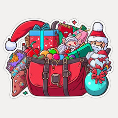 Sticker template with christmas santa's bag, xmas bag full of toys stickers pack. Winter holidays