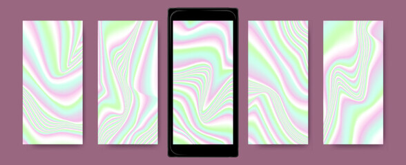 Naklejka na ściany i meble Multicolor Holography Background. Abstract Vibrant Templates for Mobile. Neon Wave Textures. Hologram Screensavers. Vector Liquid Wallpaper. Mesh Gradient Fluids. Bright Holographic Set.
