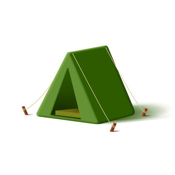 Camping tent green 3d illustration, cartoon render modern style