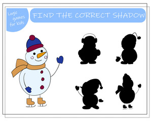 A logical game for children find the right shadow, snowman. vector illustration