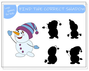 A logical game for children find the right shadow, snowman. vector illustration
