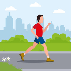 Guy Running in the Park, Physical Workout Training Outdoors Vector Illustration