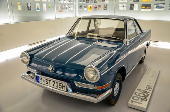 Classic blue car BMW 700, year 1964 display in BMW Museum. Retro car collection