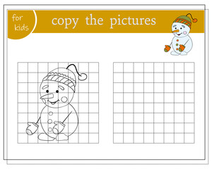 Copy the picture, educational games for kids, cartoon snowman. vector illustration