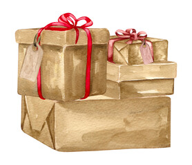 Watercolor gift box in craft paper with a bright ribbon. Hand-drawn holiday design elements isolated on white background. Christmas gifts