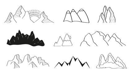 Mountains doodle icons vector set. Rocks silhouettes sets. Mountain ranges and tops in a linear style. Winter hiking logo.