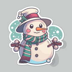 Christmas snowman cartoon sticker, xmas snowman in hat stickers decoration. Winter collection