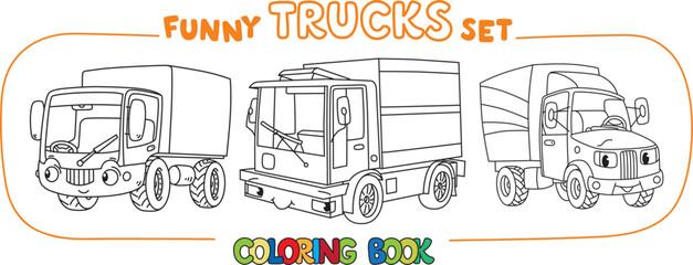 Funny small trucks with eyes. Coloring book set