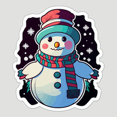 Fototapeta na wymiar Christmas snowman sticker, xmas snowman in hat stickers decoration. New-year holidays