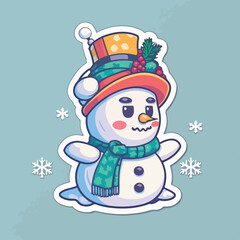 Sticker template with christmas snowman,  xmas snowman in hat stickers decoration. New-year holidays