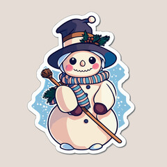 Sticker template with christmas snowman,  xmas snowman in hat stickers elements. New-year holidays