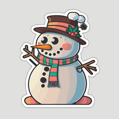 Sticker template with christmas snowman,  xmas snowman in hat stickers cute. New-year holidays