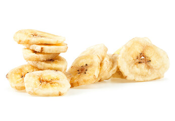 Pile of dried banana slices isolated on a white background. Banana chips.