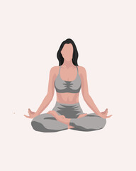 Fototapeta premium Black haired girl doing yoga pilates gymnastics sport fitness in gray t-shirt and leggings in faceless style on pale white background 