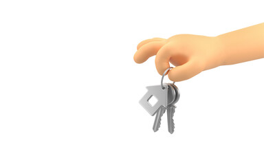 Cartoon hand hold a bunch of keys. Real estate sale or property investment concept isolated on white background. 3d rendering