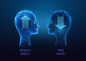 Fixed and growth mindset concept in futuristic glowing low polygonal style on dark blue background - obrazy, fototapety, plakaty