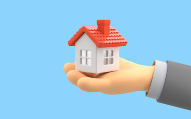 Realty sell buy mortgage concept. Cartoon hand hold a house on a palm. Agent selling property investment concept on blue background. 3d rendering