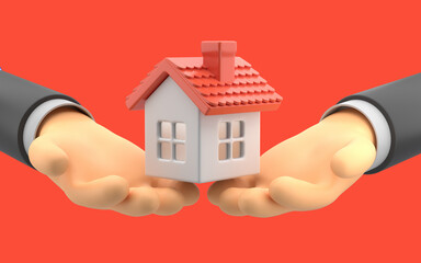 Real estate agent sell rent house. Developer company promotion company. Business investment proposal concept on red background. 3d rendering