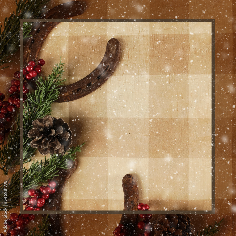 Poster western square holiday background for christmas season with decorations by horseshoes. - Posters