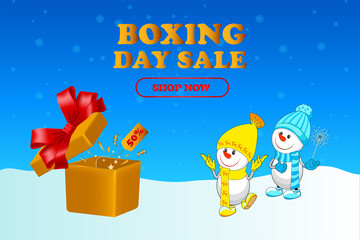Merry Christmas! Funny snowmen. Boxing Day. Sale. Card. Blue background.