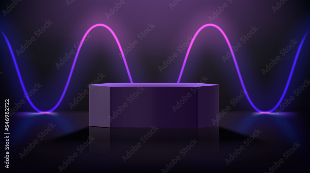 Aufkleber dark room with waving glowing neon and podium. 3d vector showcase for display products