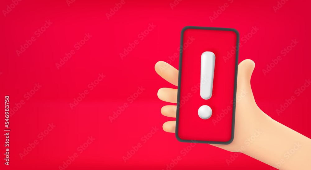 Poster Man holding smartphone with attention symbol. Vector banner with copy space