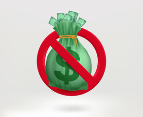 No trasure concept with money bag and dollar banknotes. 3d vector illustration