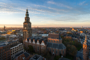 Last light on the famous Martinitoren in the historical city centre of Groningen.