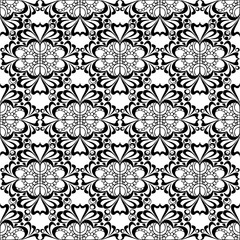 seamless graphic pattern, floral black ornament tile on white background, texture, design
