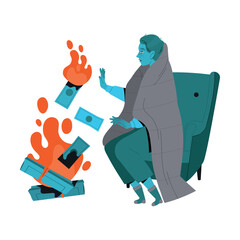 Freezing from Cold Man Character Wrapped in Blanket Sitting in Armchair Warming Near Burning Fire Flame Vector Illustration