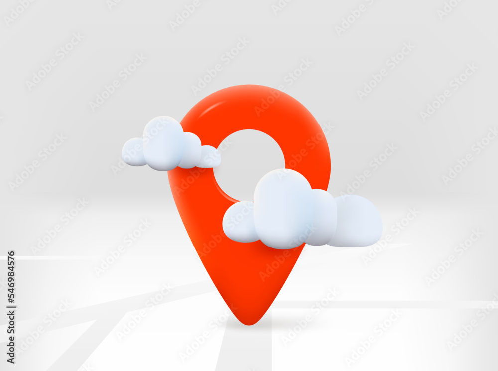 Poster Red navigation pin with road map and clouds. 3d vector isolated illustration