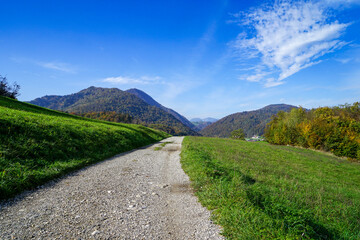 Beautiful hiking trail leads through idyllic landscape in slovenia near Skofja Loka. Green meadow. Green meadow, blue sky and autumnal trees. 