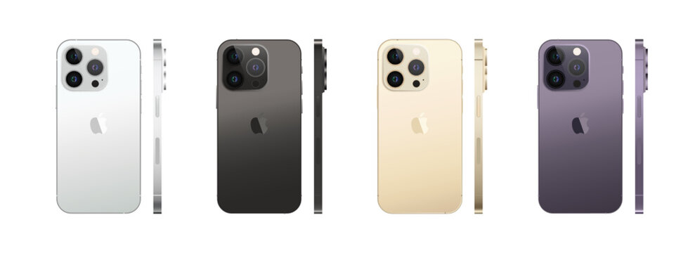 Apple iPhone 14. Smart phone. Available in white and dark. New iPhone 14 pro max. Mock-up screen iphone and back side iphone. By Apple Inc. Full screen with no bangs. By Apple Inc. Editorial