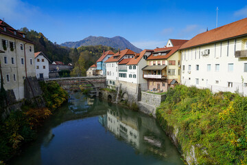 Beautiful sunny day in slovenian town Skofja Loka. Copy Space for text. Holiday concept.