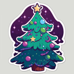 Christmas tree cartoon sticker, xmas cute tree with toys stickers. Multicolor