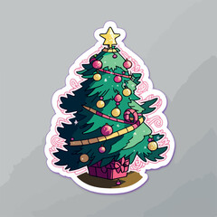 Christmas tree sticker, xmas tree with toys stickers pack. Winter holidays