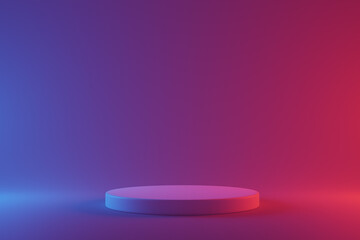 Circular pedestal in blue and red neon light, 3D render