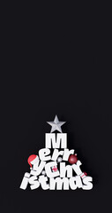 Vertical greeting card with Christmas tree made of letters on black background 3d render 3d illustration