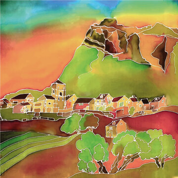 Ilustraci&oacute;n de pueblo medieval con torre de iglesia y monta&ntilde;a, casas de piedra. A&iacute;nsa, pintado a mano en pa&ntilde;uelo de seda