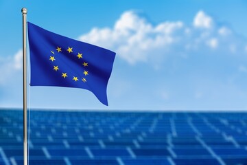 Official European Union flag and solar panels background - obrazy, fototapety, plakaty