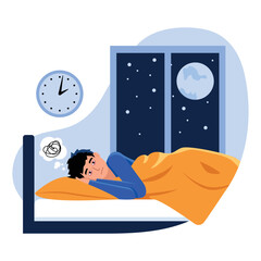 Vector illustration of insomnia. Depression. Cartoon scene with a guy who cant sleep at night on white background. - obrazy, fototapety, plakaty