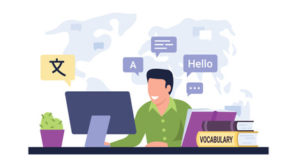 Vector illustration of translator. Cartoon scene with a guy who translates many languages to a computer around the world on white background.