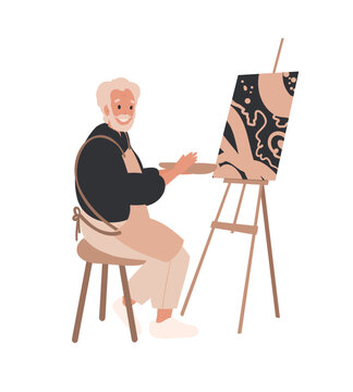 Elderly old Man painting picture on canvas, easel. Hobby, painting, art studio, art classes, workshop concept. Man painter, artist in apron.