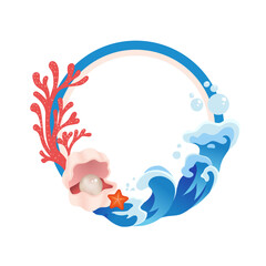 Fototapeta premium Sea frame with pearl shell and starfish. Vector illustration.